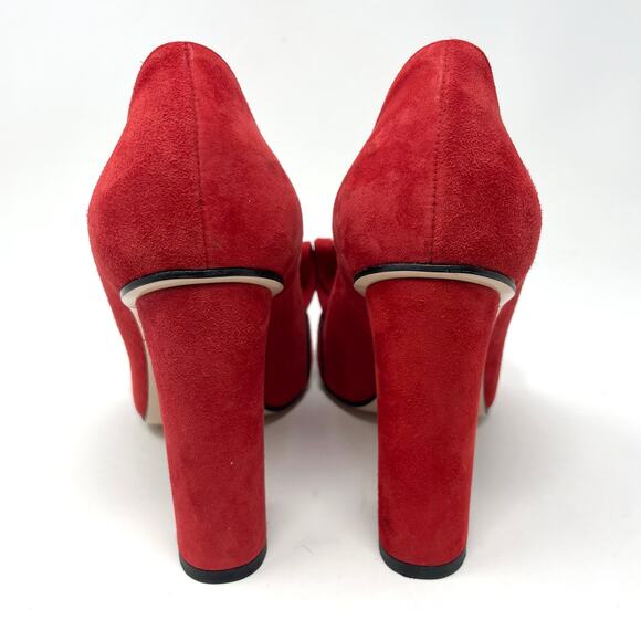 Gucci Marmont Interlocking GG Red Suede Leather Block Heel Fringe Pumps EU 37.5 - Picture 5 of 14